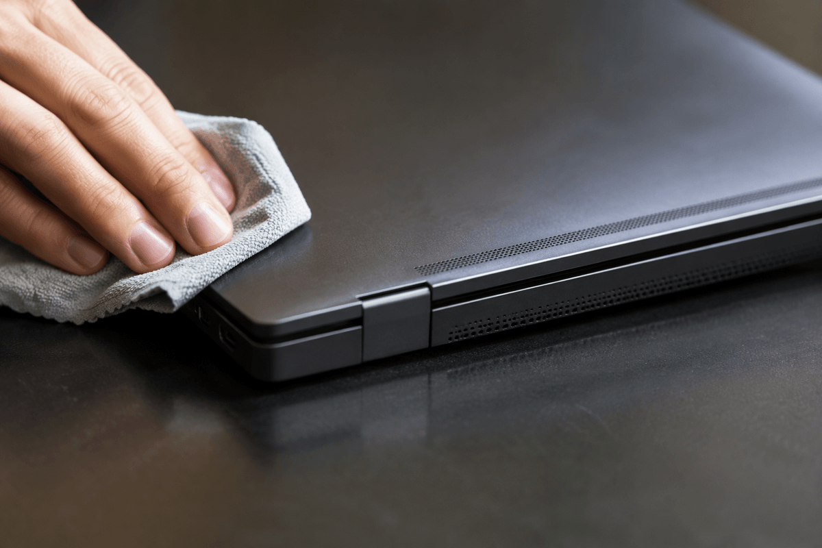 Exterior surfaces and hinges: fingerprints, stickers, and disinfecting